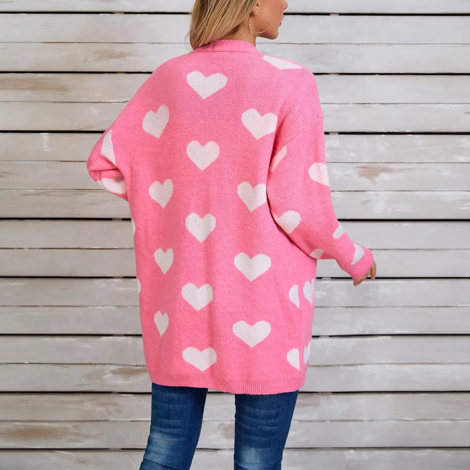 Women Valentine's Day Sweater Cardigan Romantic Heart Print Button Down Open Front Sweater Chunky Sweater Outwear
