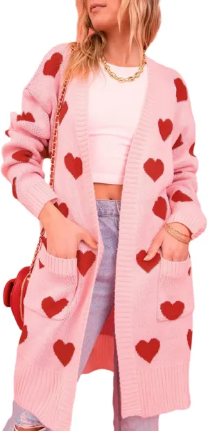 Women Valentine's Day Sweater Cardigan Romantic Heart Print Button Down Open Front Sweater Chunky Sweater Outwear