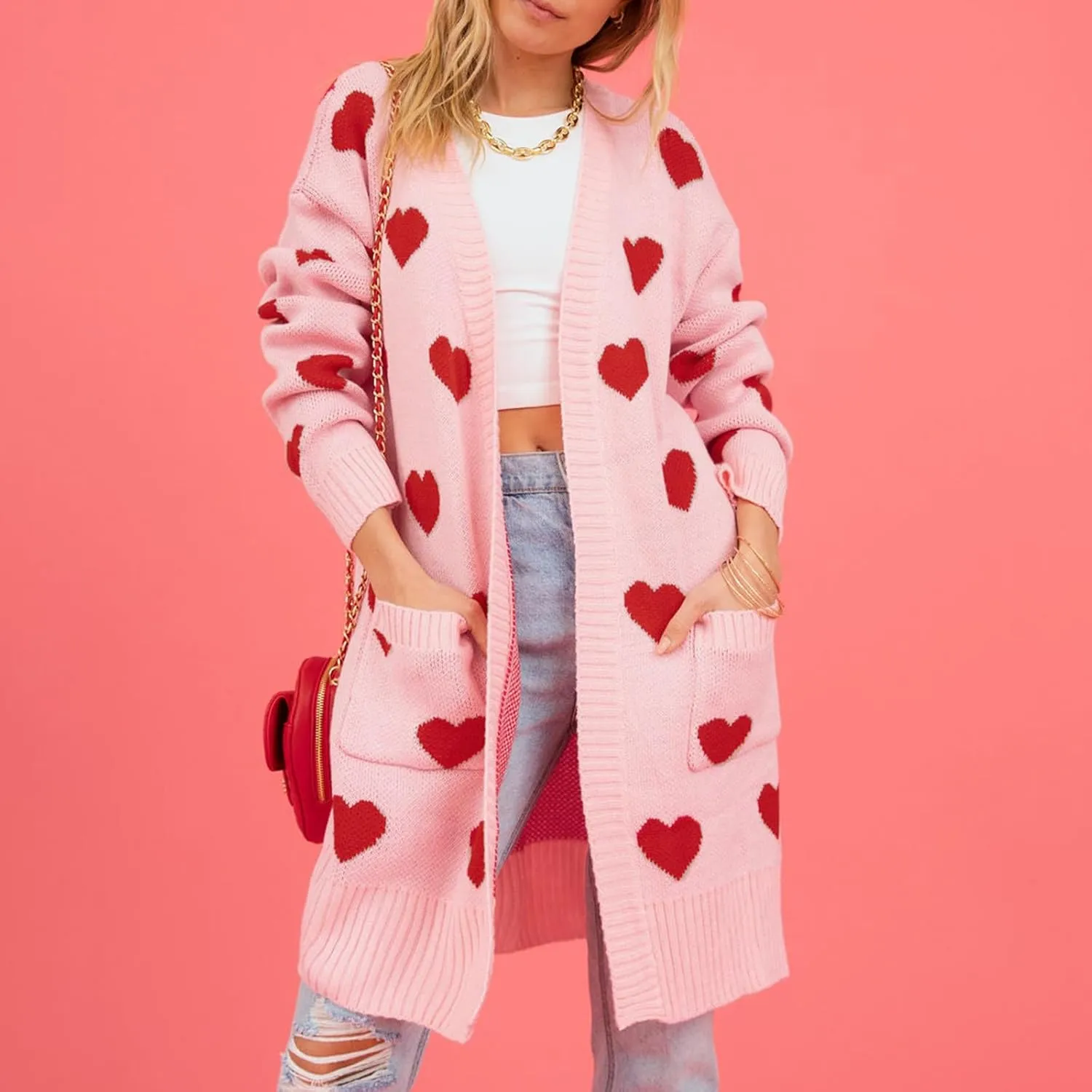 Women Valentine's Day Sweater Cardigan Romantic Heart Print Button Down Open Front Sweater Chunky Sweater Outwear