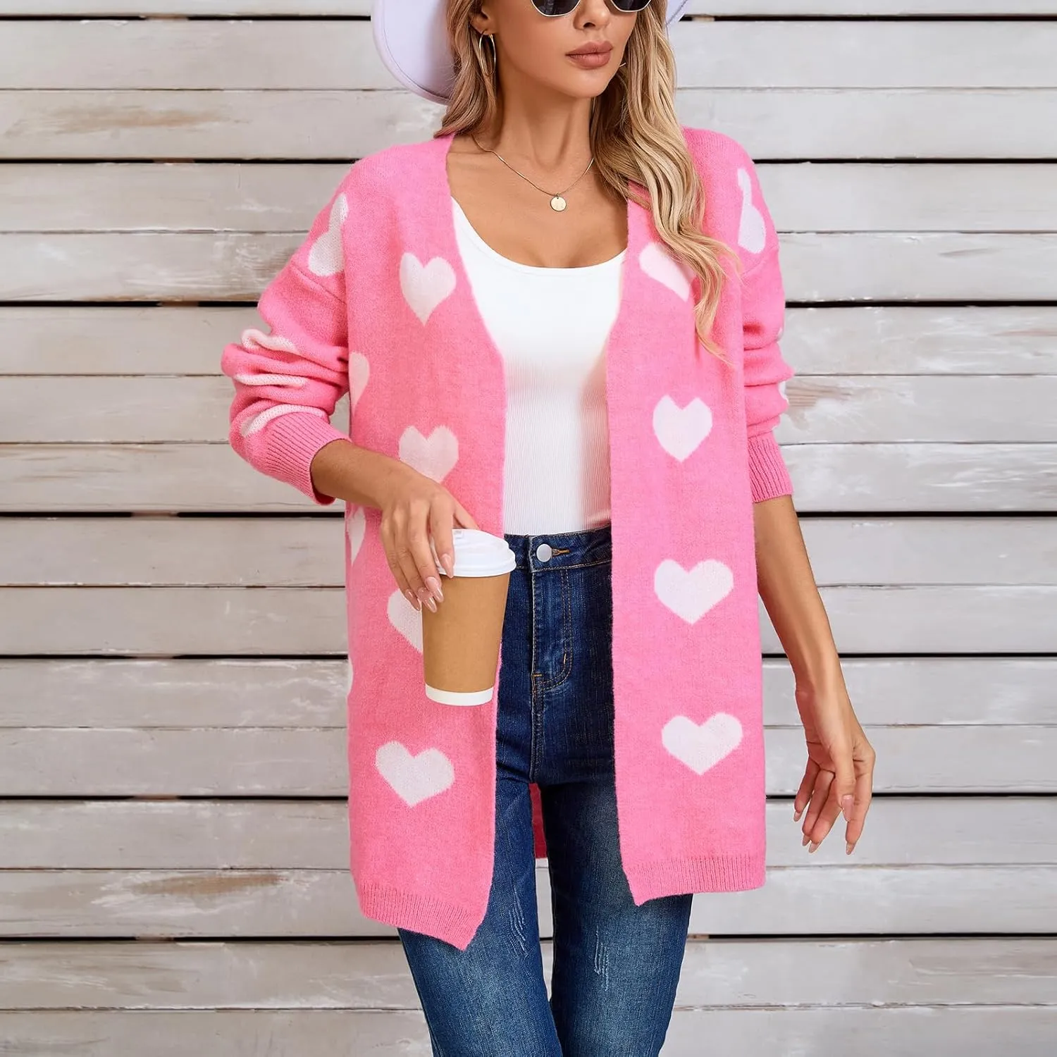 Women Valentine's Day Sweater Cardigan Romantic Heart Print Button Down Open Front Sweater Chunky Sweater Outwear