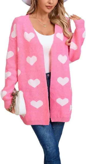 Women Valentine's Day Sweater Cardigan Romantic Heart Print Button Down Open Front Sweater Chunky Sweater Outwear