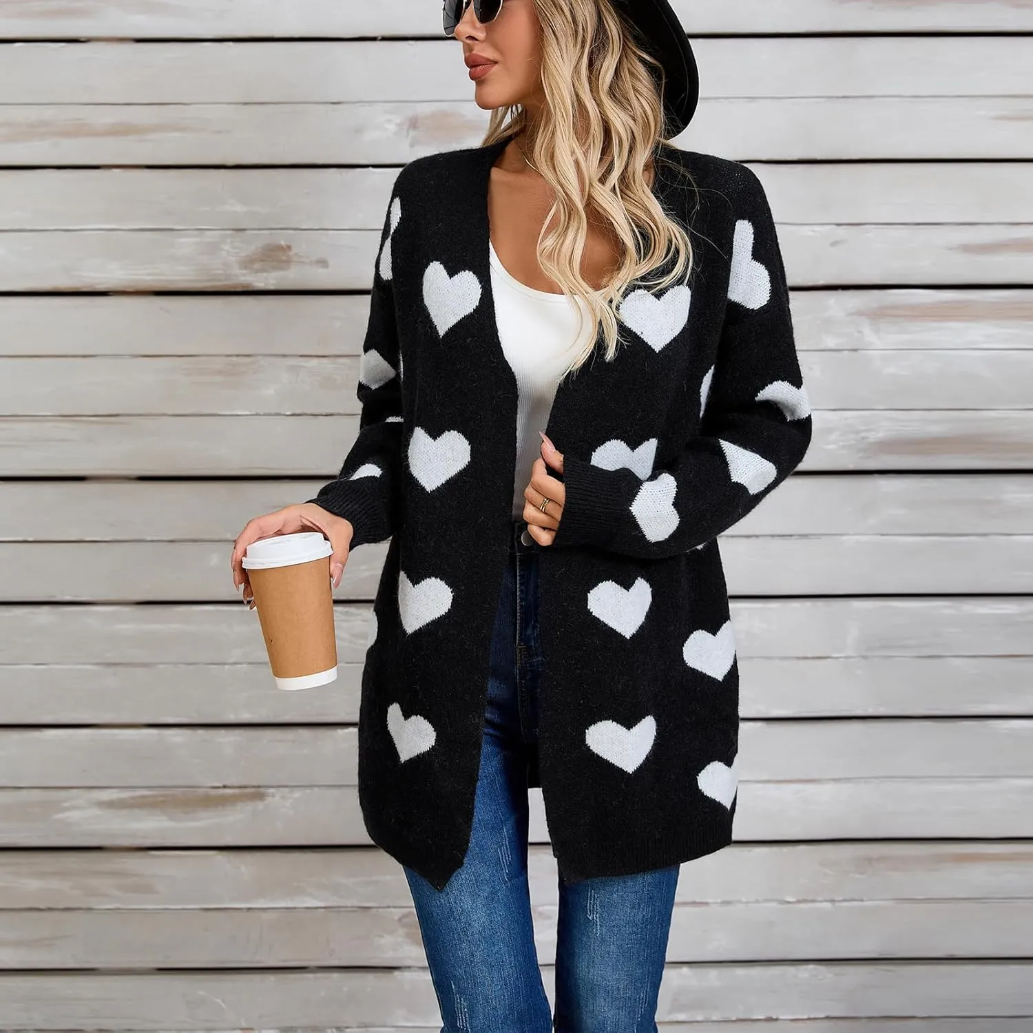 Women Valentine's Day Sweater Cardigan Romantic Heart Print Button Down Open Front Sweater Chunky Sweater Outwear