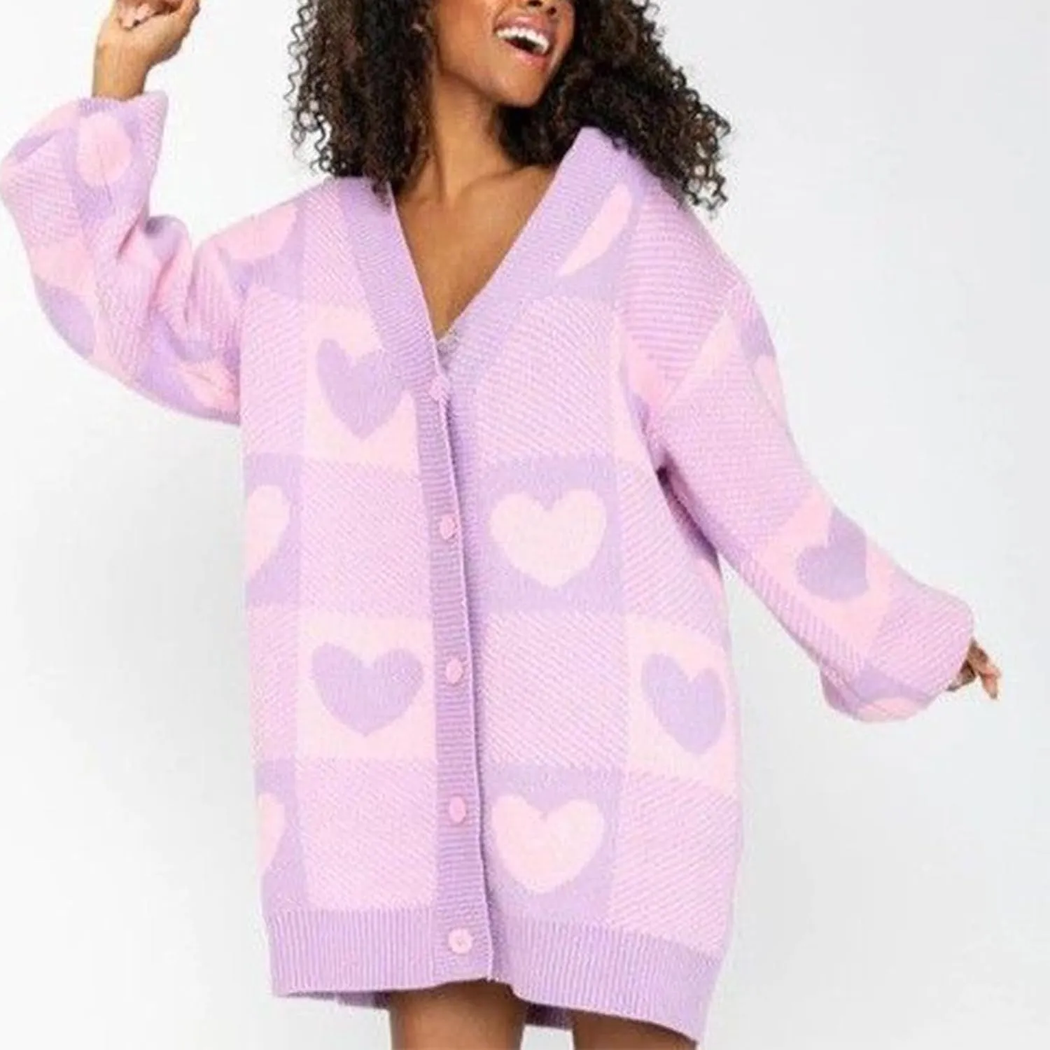 Women Valentine's Day Sweater Cardigan Romantic Heart Print Button Down Open Front Sweater Chunky Sweater Outwear