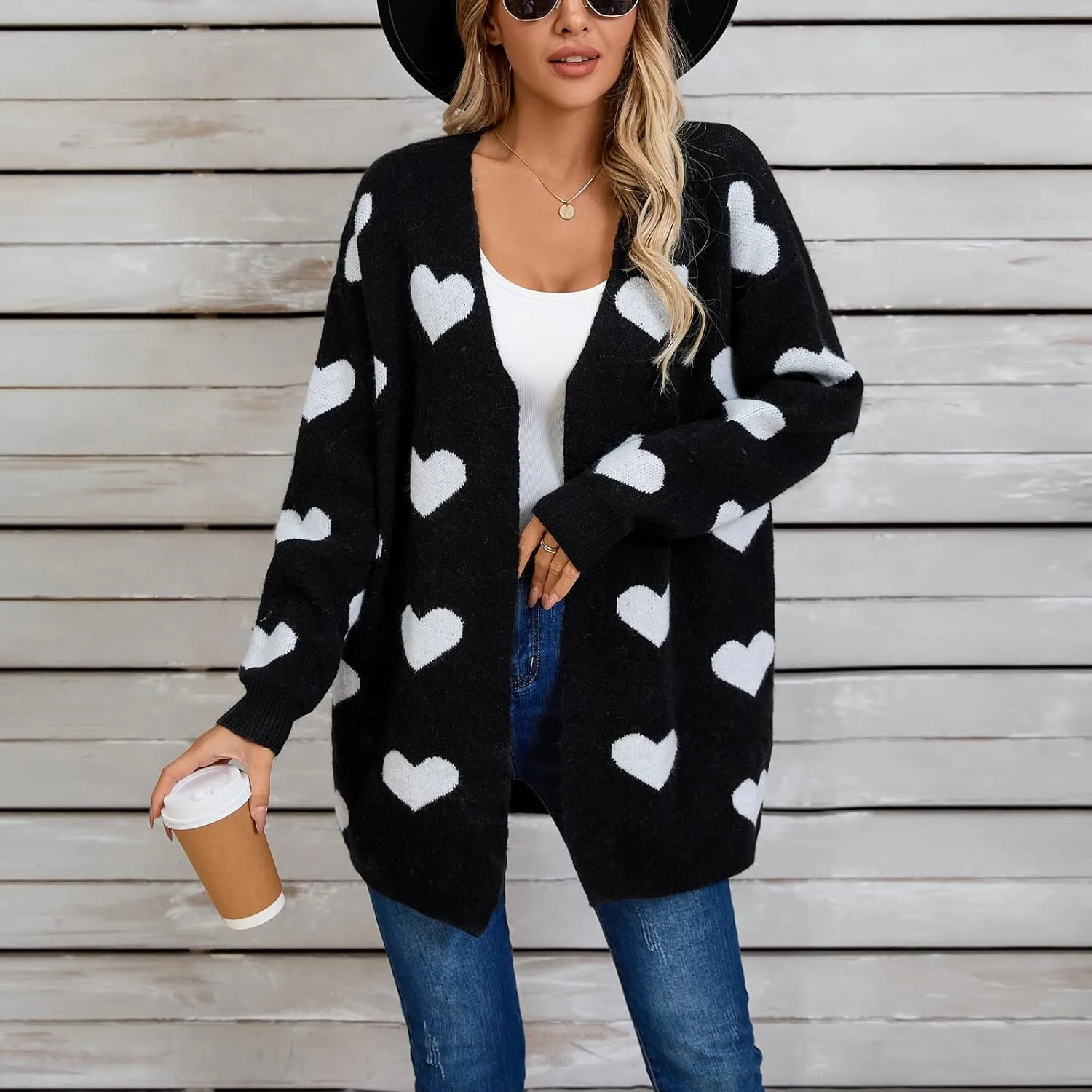 Women Valentine's Day Sweater Cardigan Romantic Heart Print Button Down Open Front Sweater Chunky Sweater Outwear