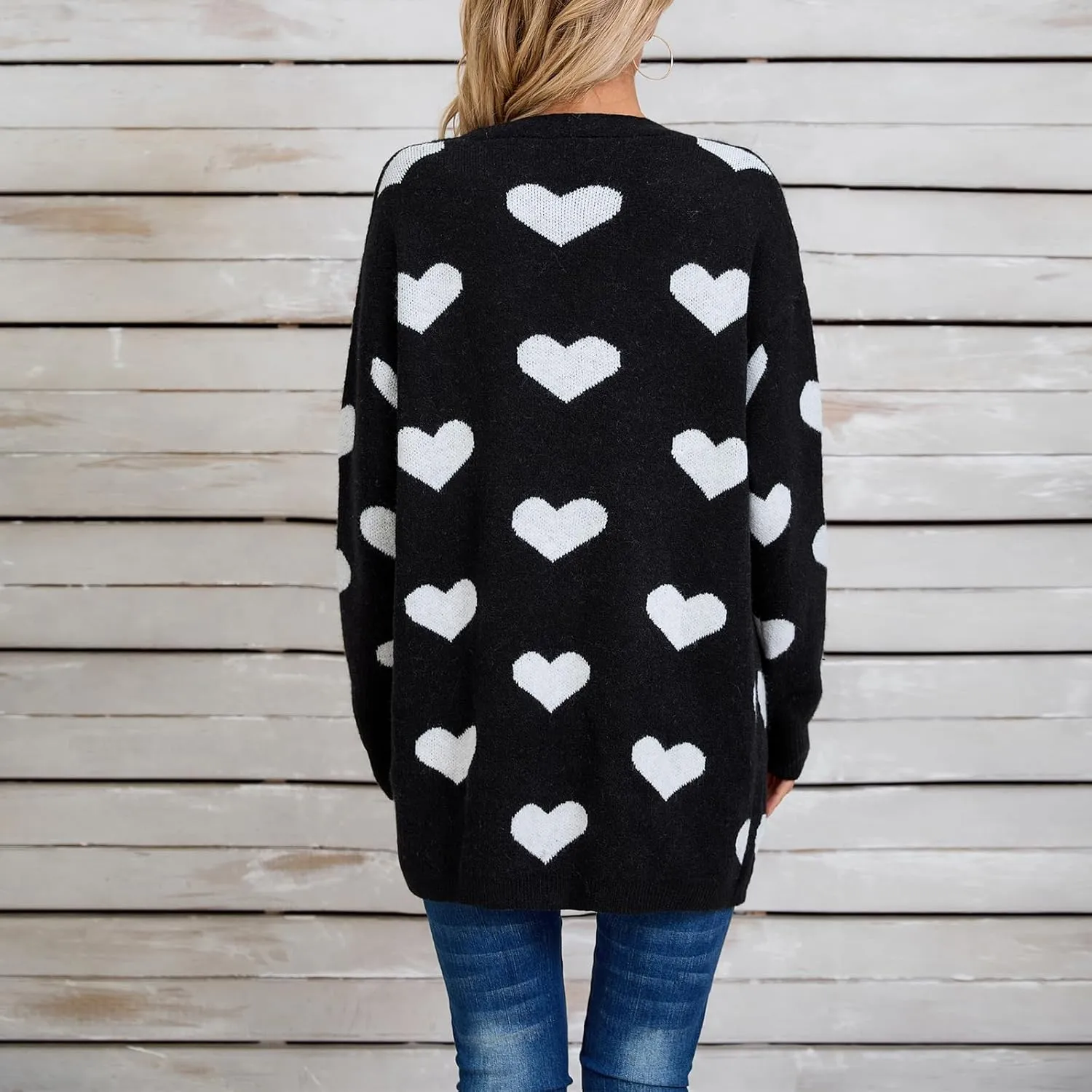 Women Valentine's Day Sweater Cardigan Romantic Heart Print Button Down Open Front Sweater Chunky Sweater Outwear