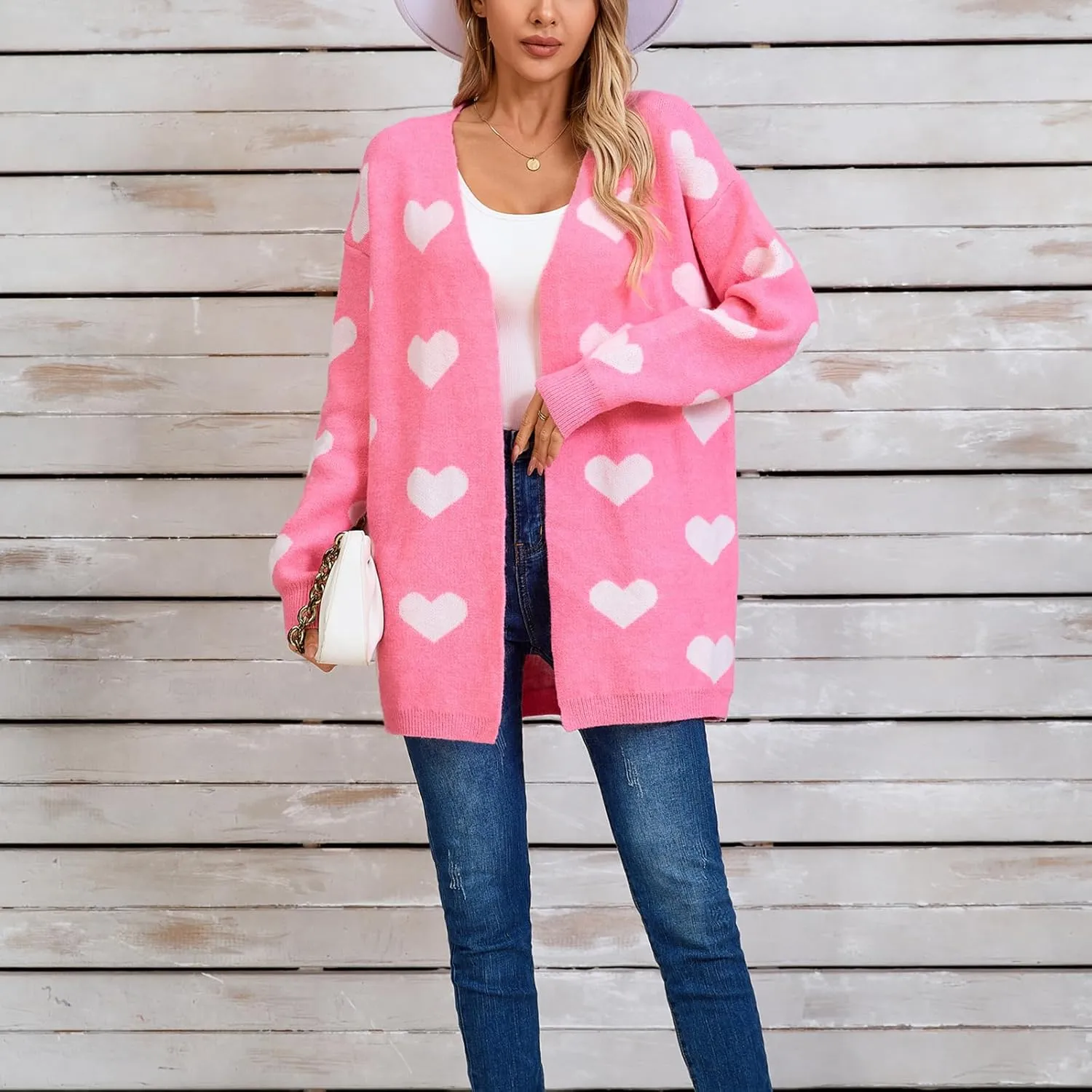 Women Valentine's Day Sweater Cardigan Romantic Heart Print Button Down Open Front Sweater Chunky Sweater Outwear