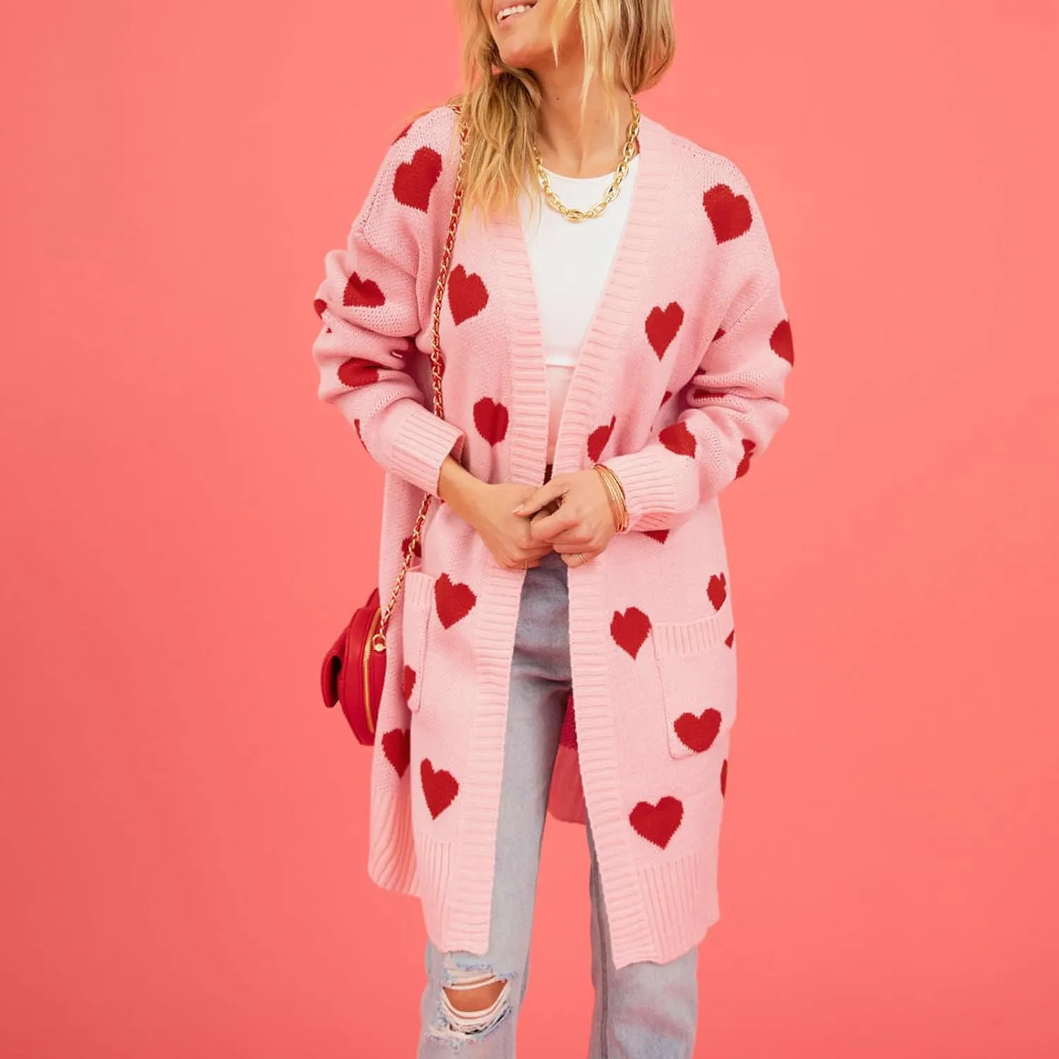Women Valentine's Day Sweater Cardigan Romantic Heart Print Button Down Open Front Sweater Chunky Sweater Outwear