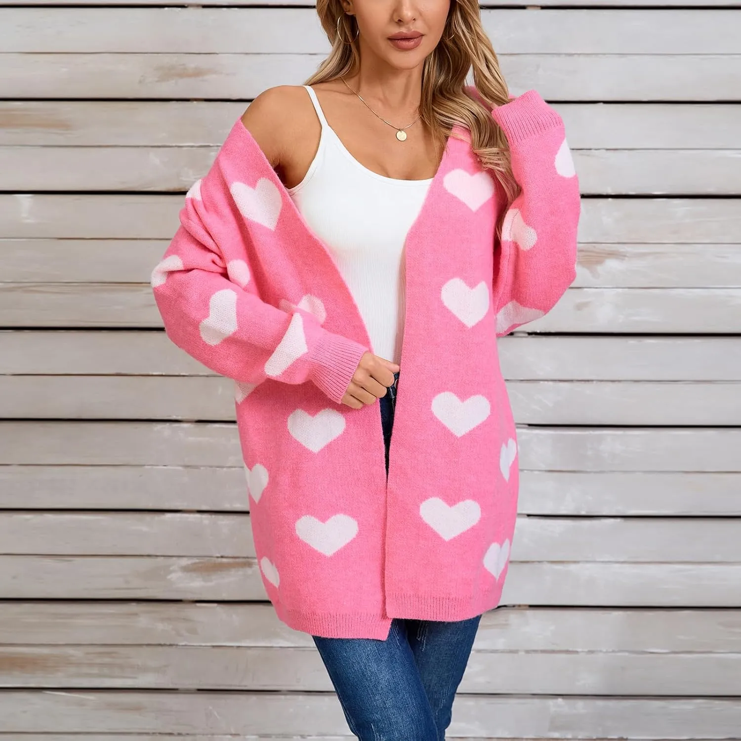 Women Valentine's Day Sweater Cardigan Romantic Heart Print Button Down Open Front Sweater Chunky Sweater Outwear