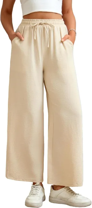 Women Wide Leg Pants Casual Drawstring Elastic High Waist Flowy Beach Palazzo Work Formal Pants with Pockets