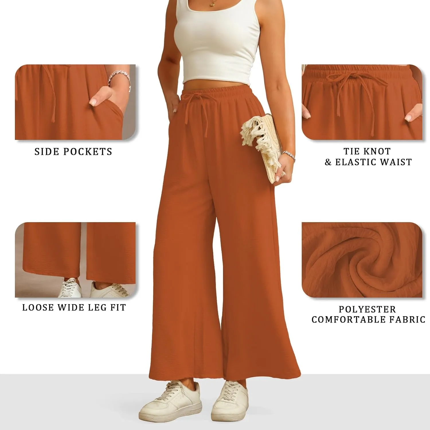 Women Wide Leg Pants Casual Drawstring Elastic High Waist Flowy Beach Palazzo Work Formal Pants with Pockets