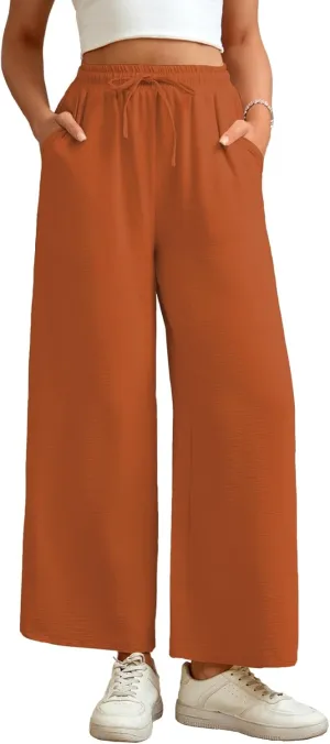 Women Wide Leg Pants Casual Drawstring Elastic High Waist Flowy Beach Palazzo Work Formal Pants with Pockets