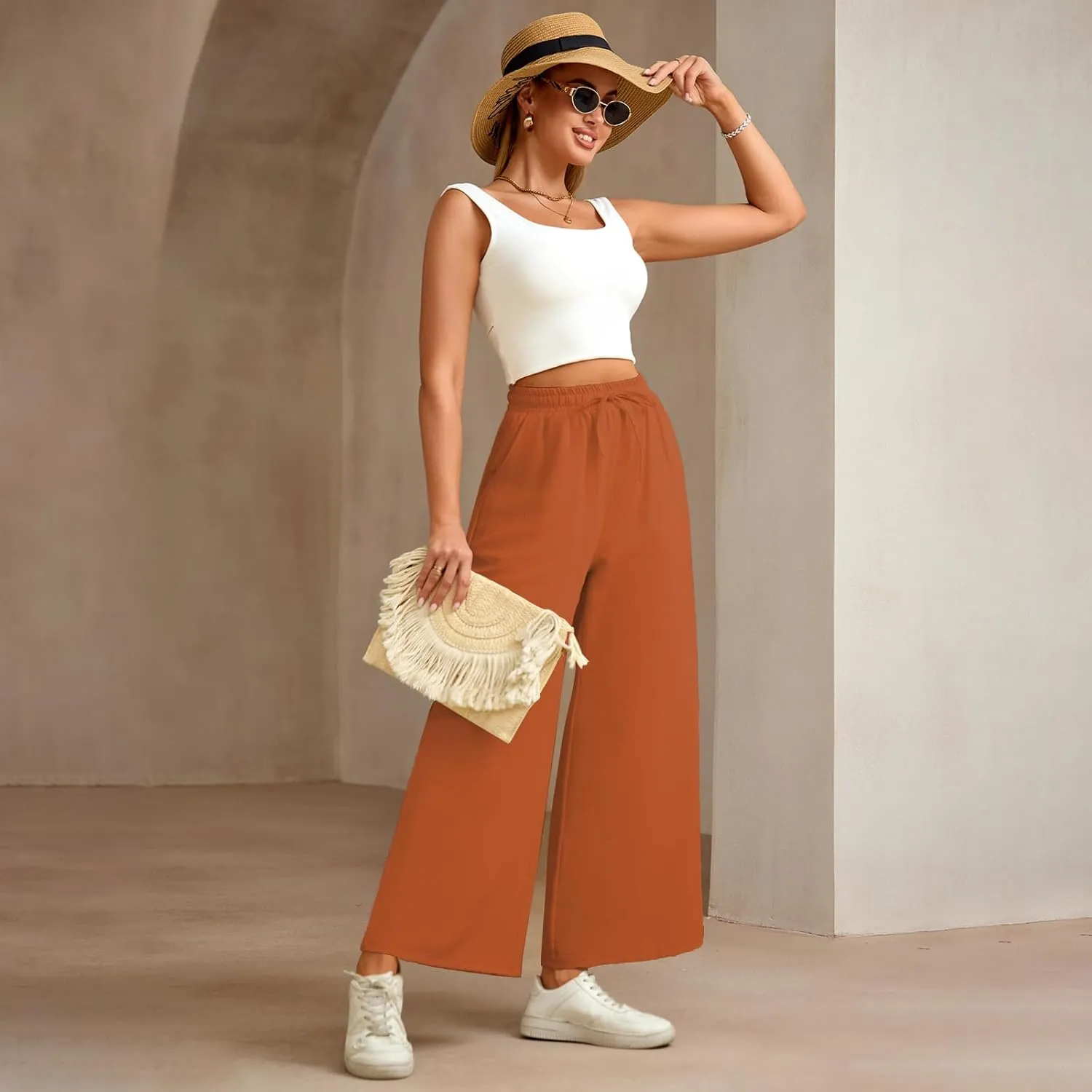 Women Wide Leg Pants Casual Drawstring Elastic High Waist Flowy Beach Palazzo Work Formal Pants with Pockets