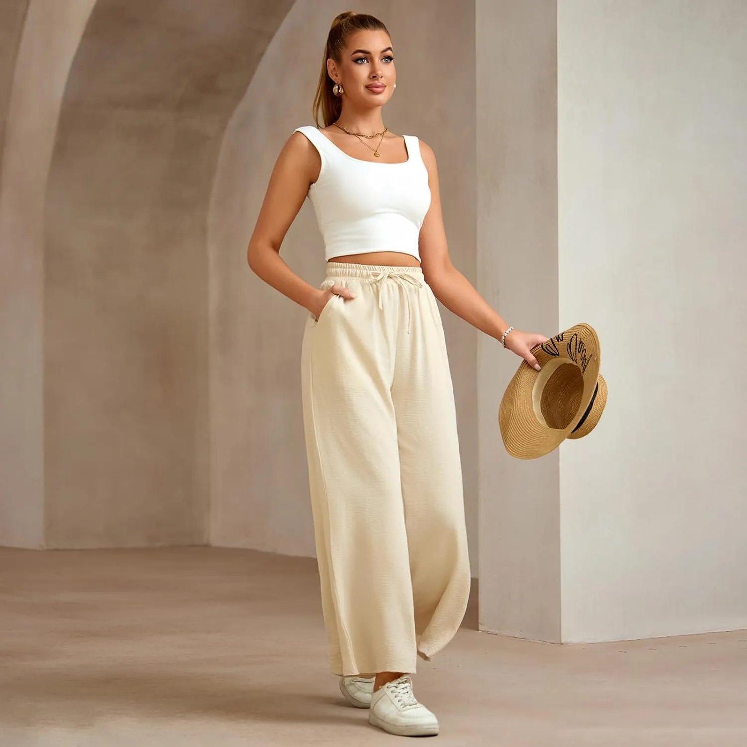 Women Wide Leg Pants Casual Drawstring Elastic High Waist Flowy Beach Palazzo Work Formal Pants with Pockets