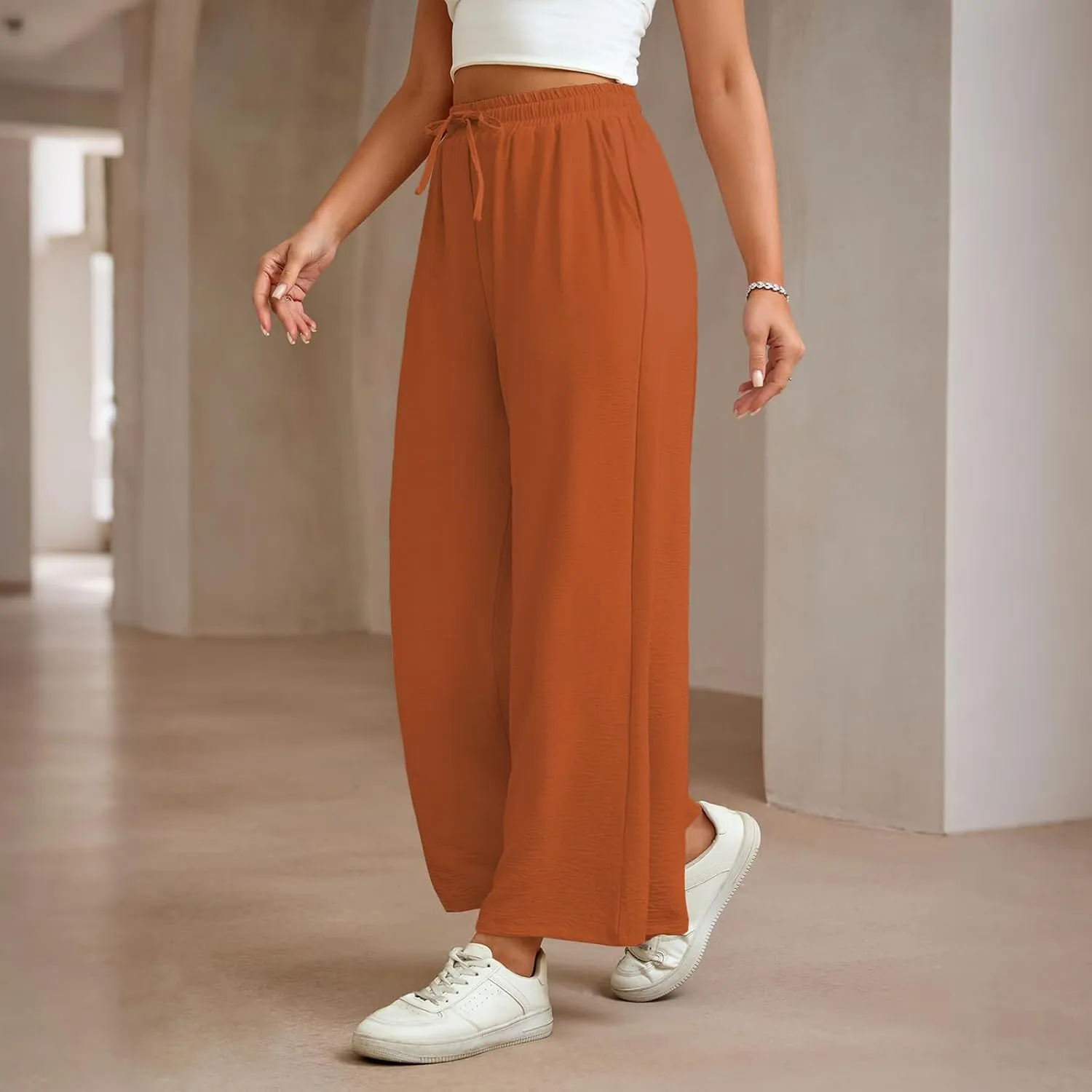 Women Wide Leg Pants Casual Drawstring Elastic High Waist Flowy Beach Palazzo Work Formal Pants with Pockets