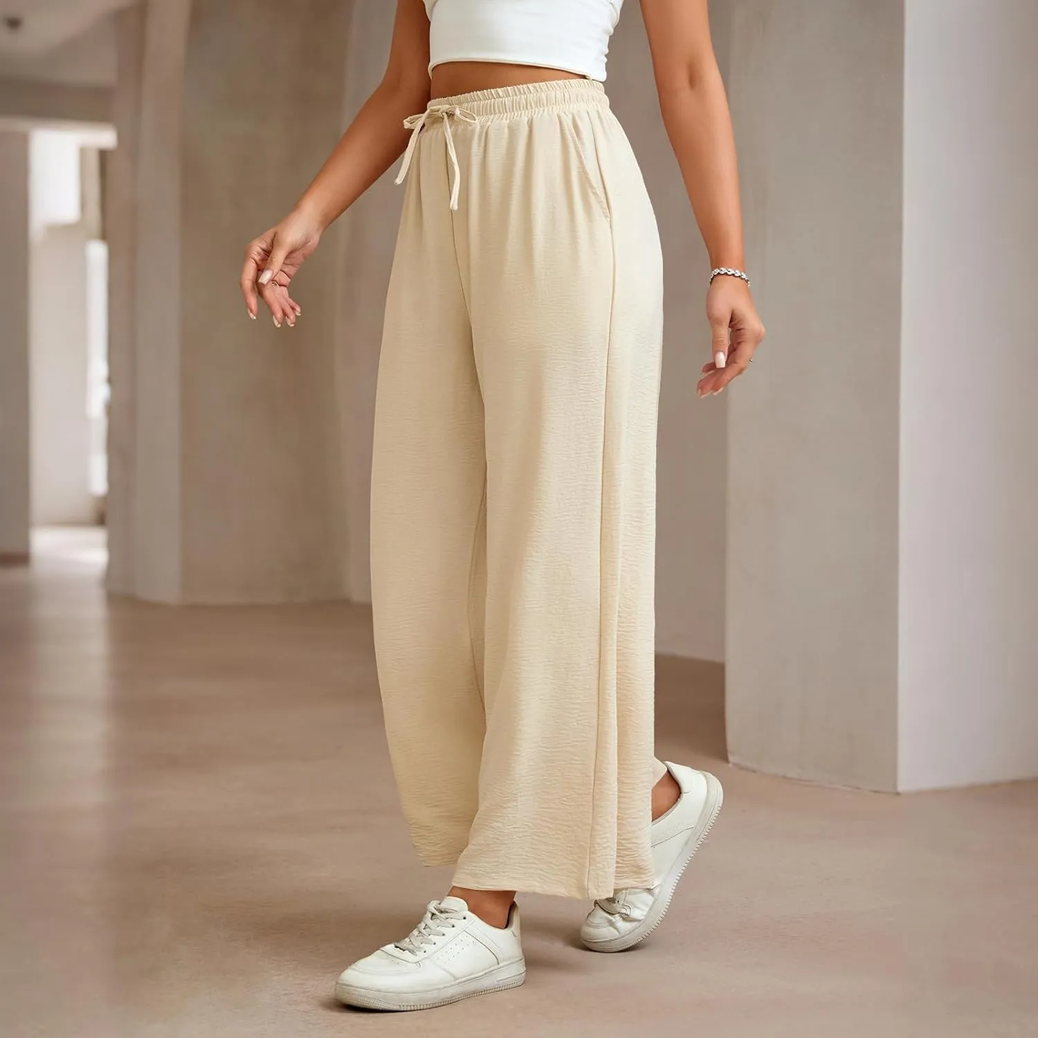 Women Wide Leg Pants Casual Drawstring Elastic High Waist Flowy Beach Palazzo Work Formal Pants with Pockets