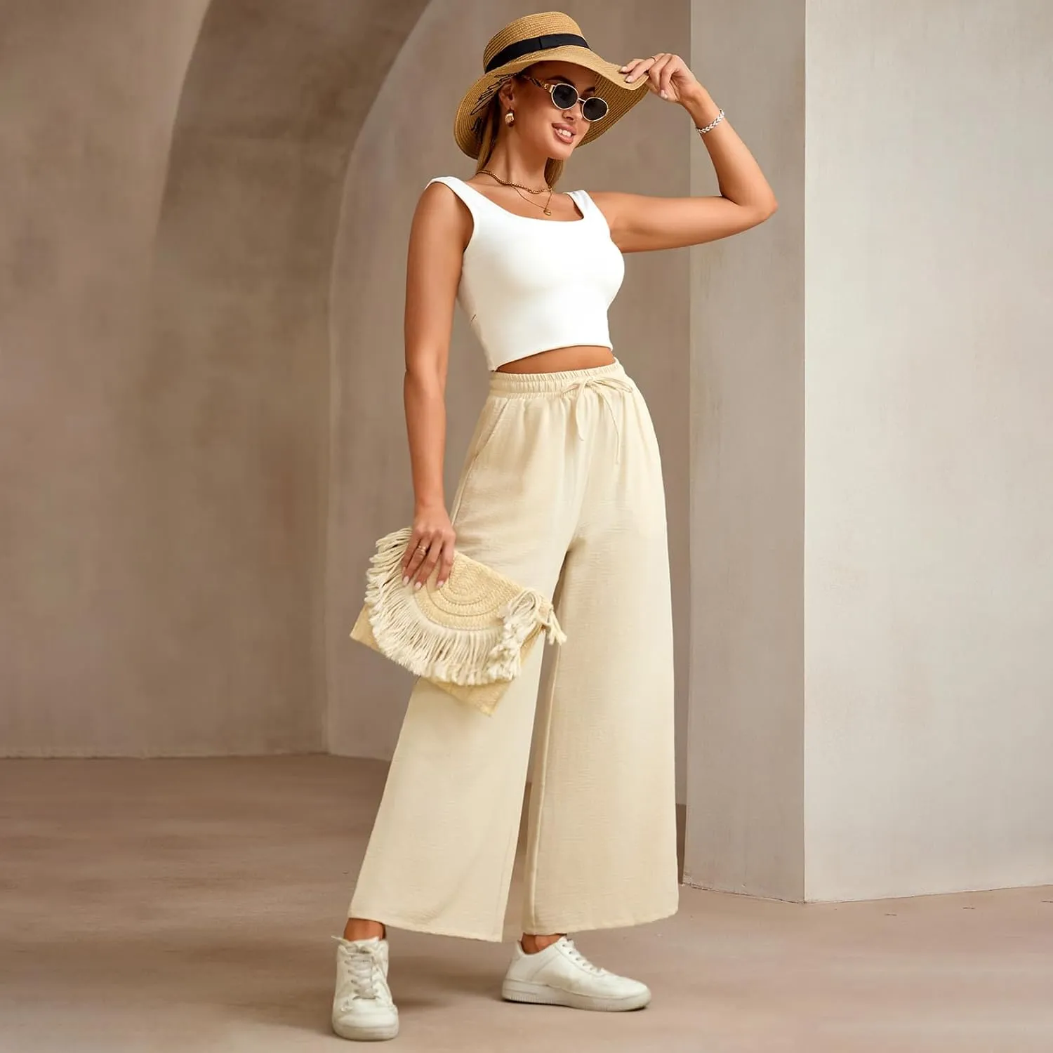 Women Wide Leg Pants Casual Drawstring Elastic High Waist Flowy Beach Palazzo Work Formal Pants with Pockets