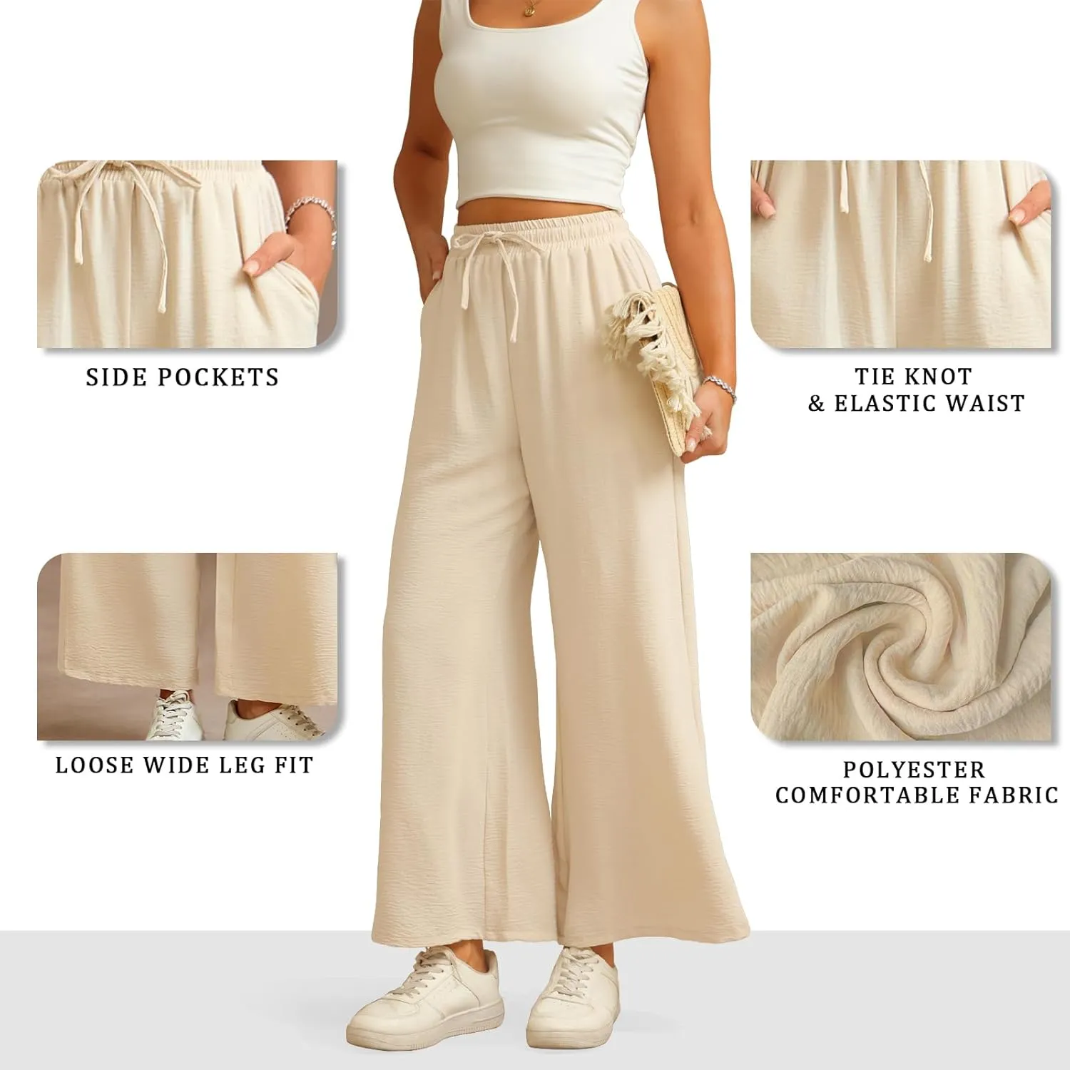 Women Wide Leg Pants Casual Drawstring Elastic High Waist Flowy Beach Palazzo Work Formal Pants with Pockets