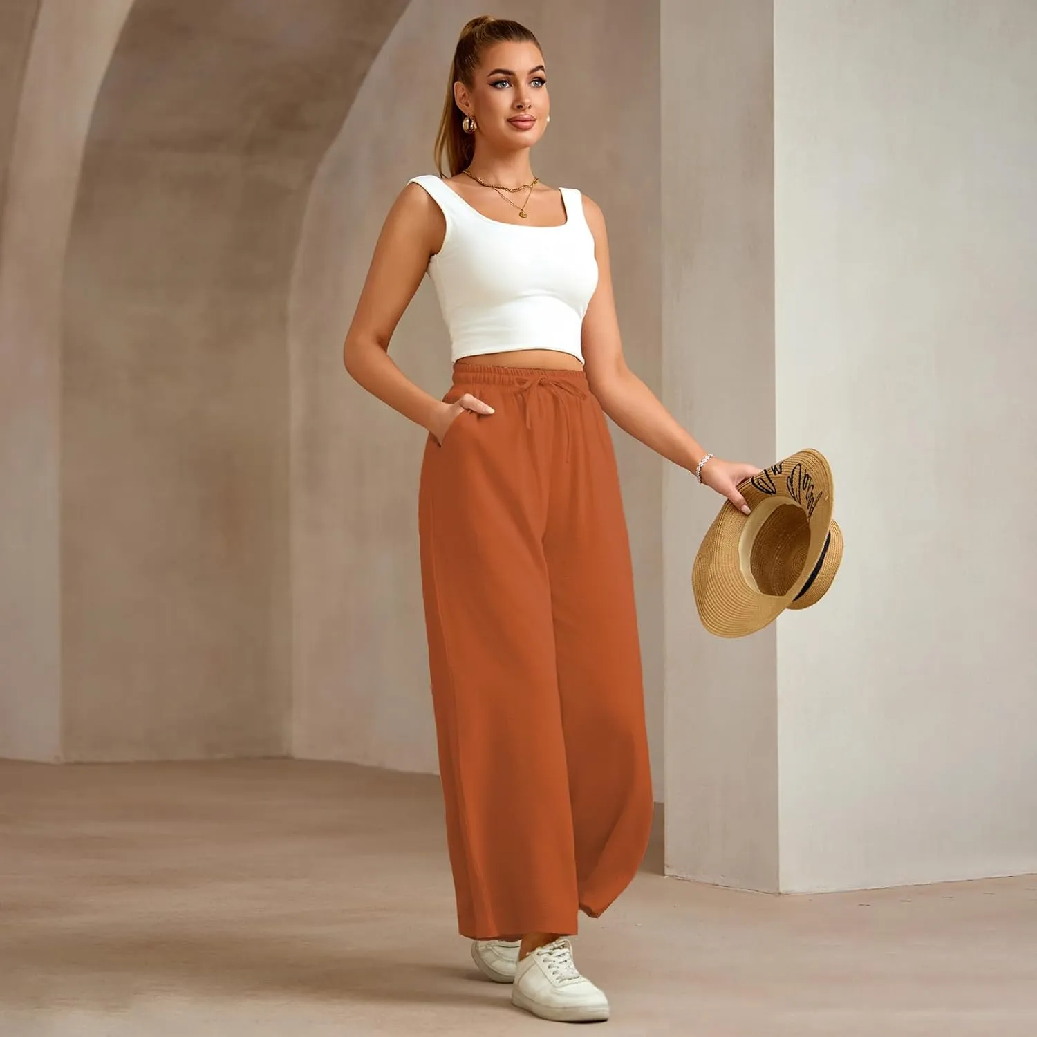 Women Wide Leg Pants Casual Drawstring Elastic High Waist Flowy Beach Palazzo Work Formal Pants with Pockets