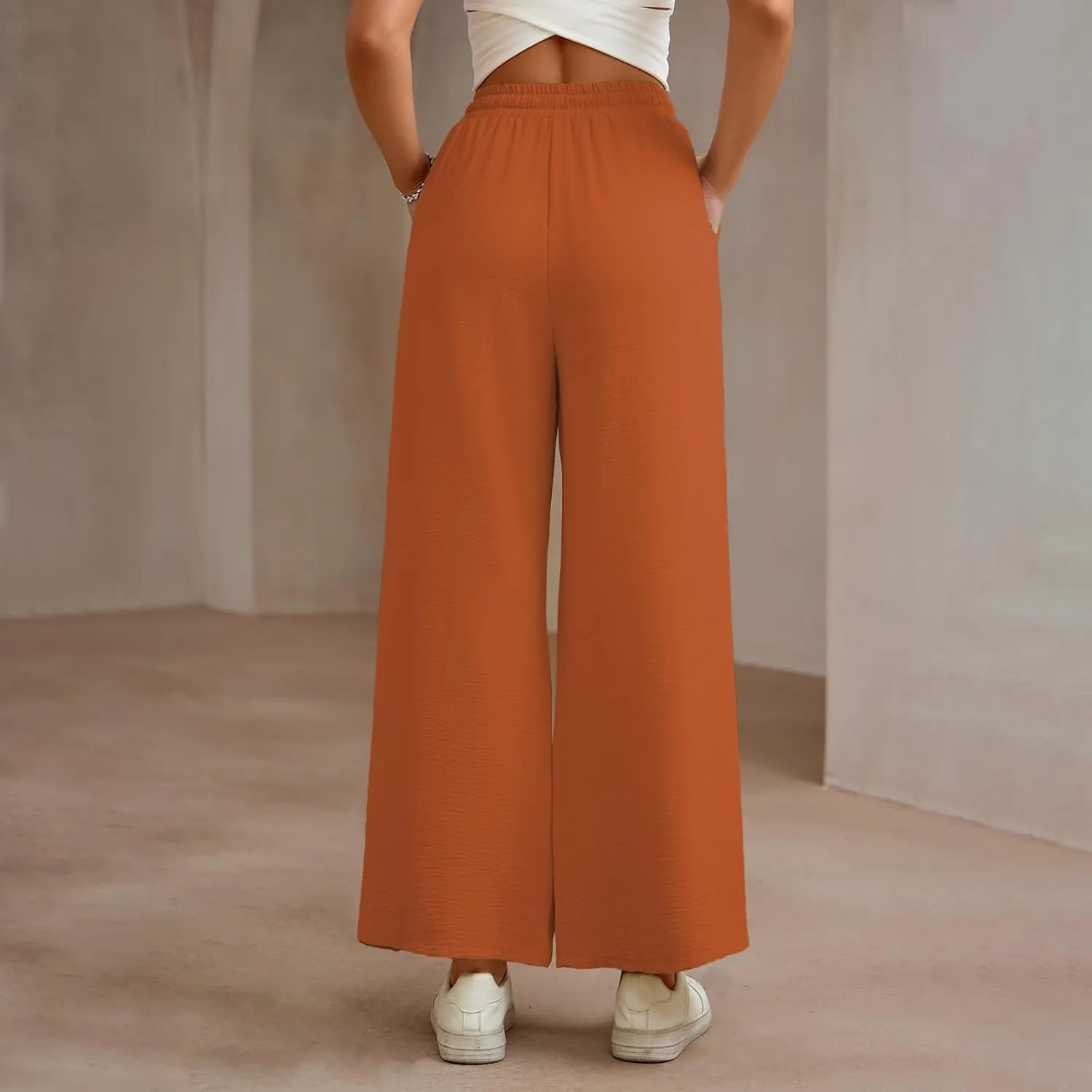 Women Wide Leg Pants Casual Drawstring Elastic High Waist Flowy Beach Palazzo Work Formal Pants with Pockets