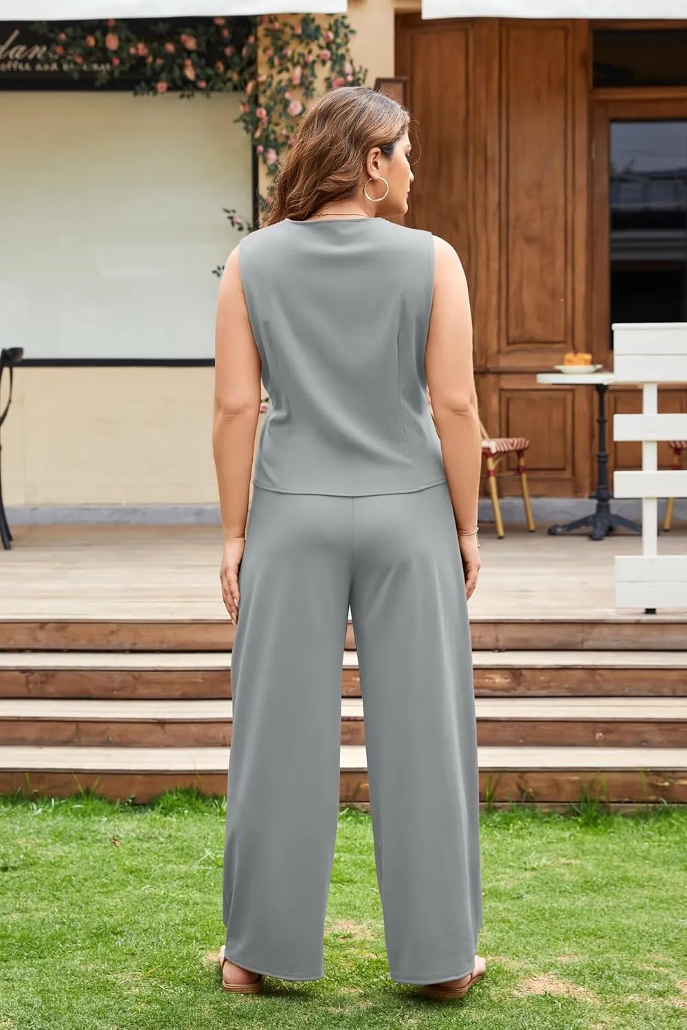 Women's 2 Piece Outfits Elegant Blazer Vest Pockets Wide Leg Pant Suit Casual Matching Set