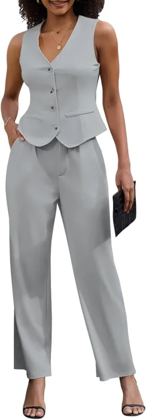 Women's 2 Piece Outfits Elegant Blazer Vest Pockets Wide Leg Pant Suit Casual Matching Set