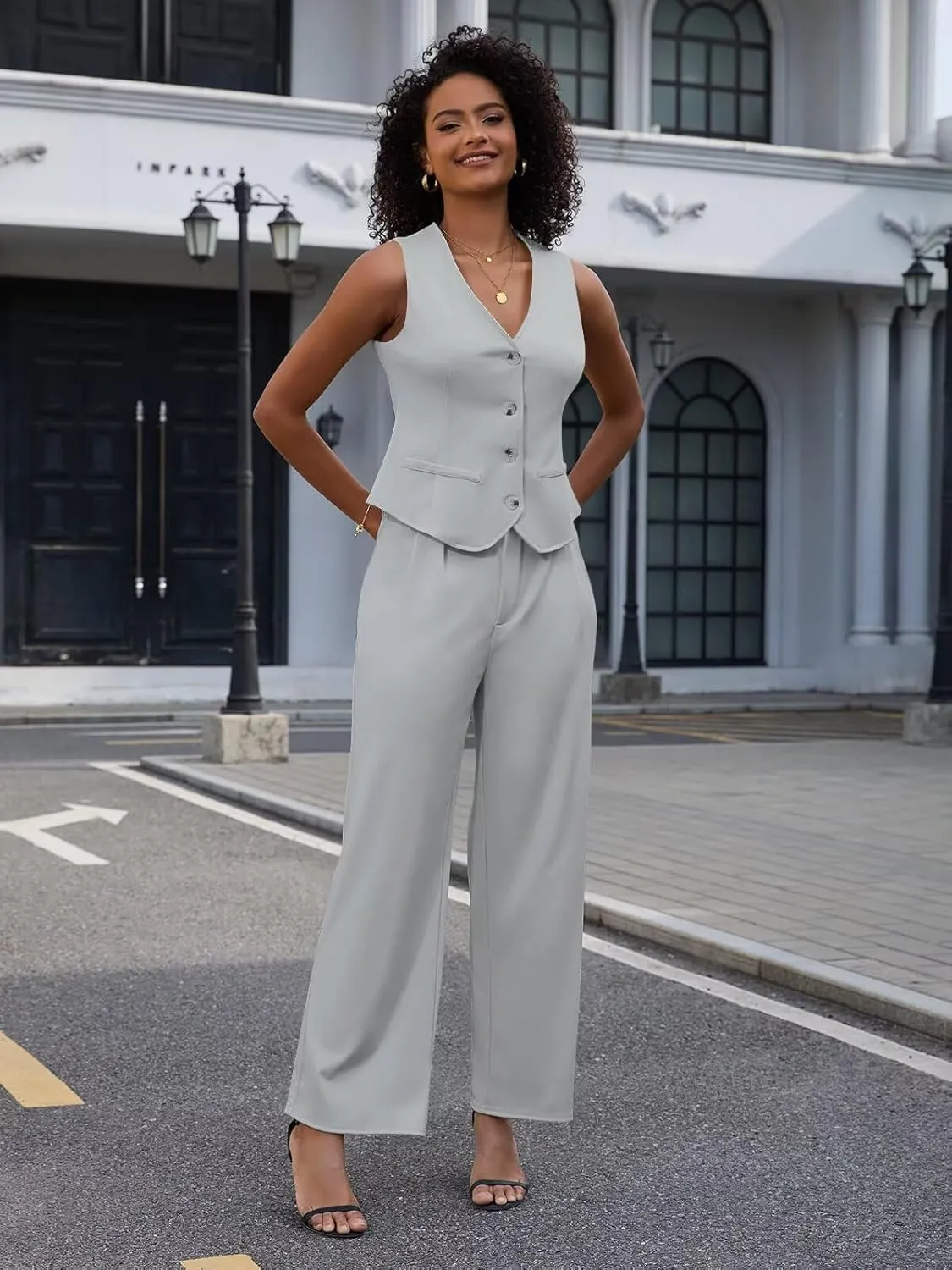 Women's 2 Piece Outfits Elegant Blazer Vest Pockets Wide Leg Pant Suit Casual Matching Set