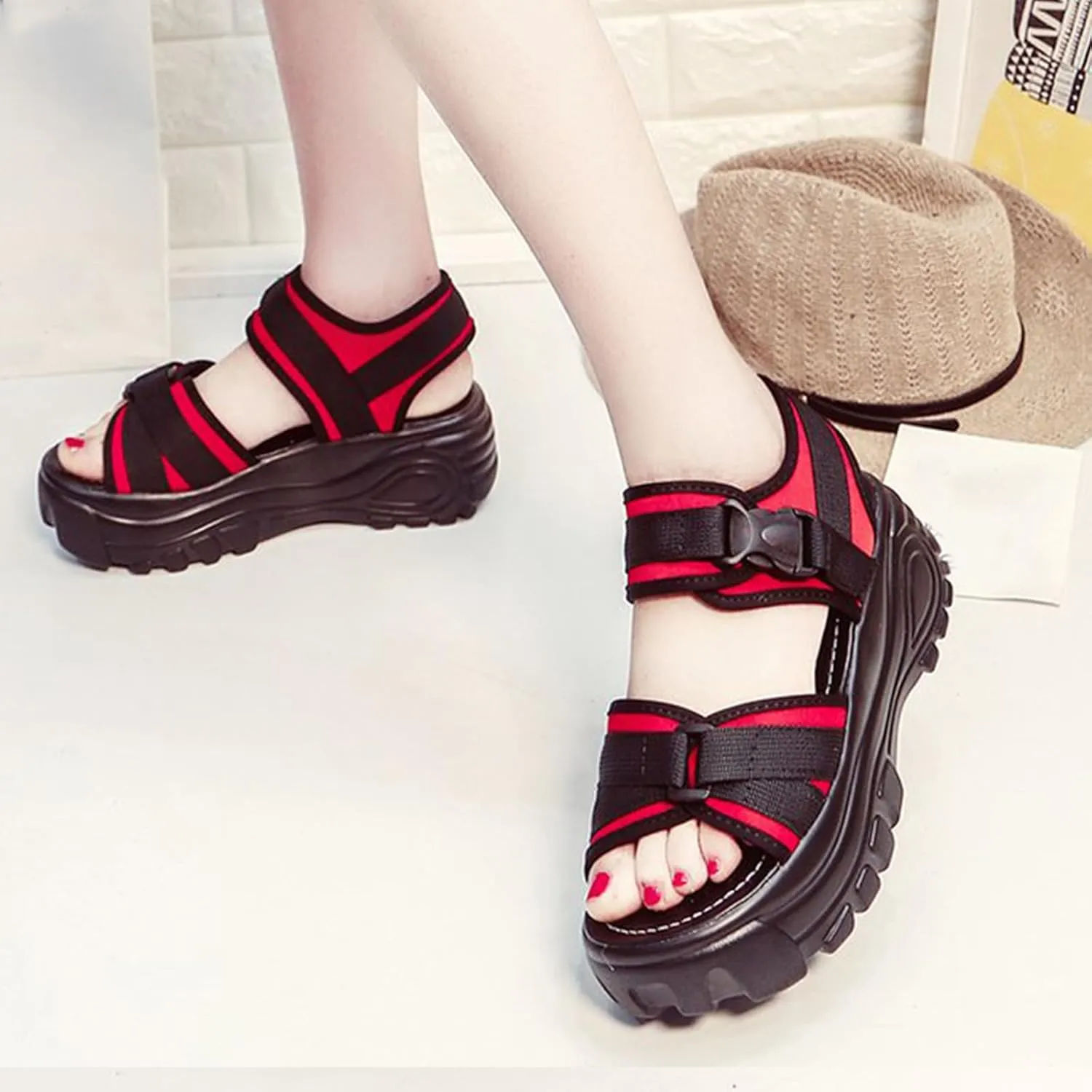 Women'S Adjustable Buckle Platform Non Slip Mom Sandals Fashion Round Open Toe Memory Foam Increase Height Chunky Sole Roman Sandals For Beach Walking Party