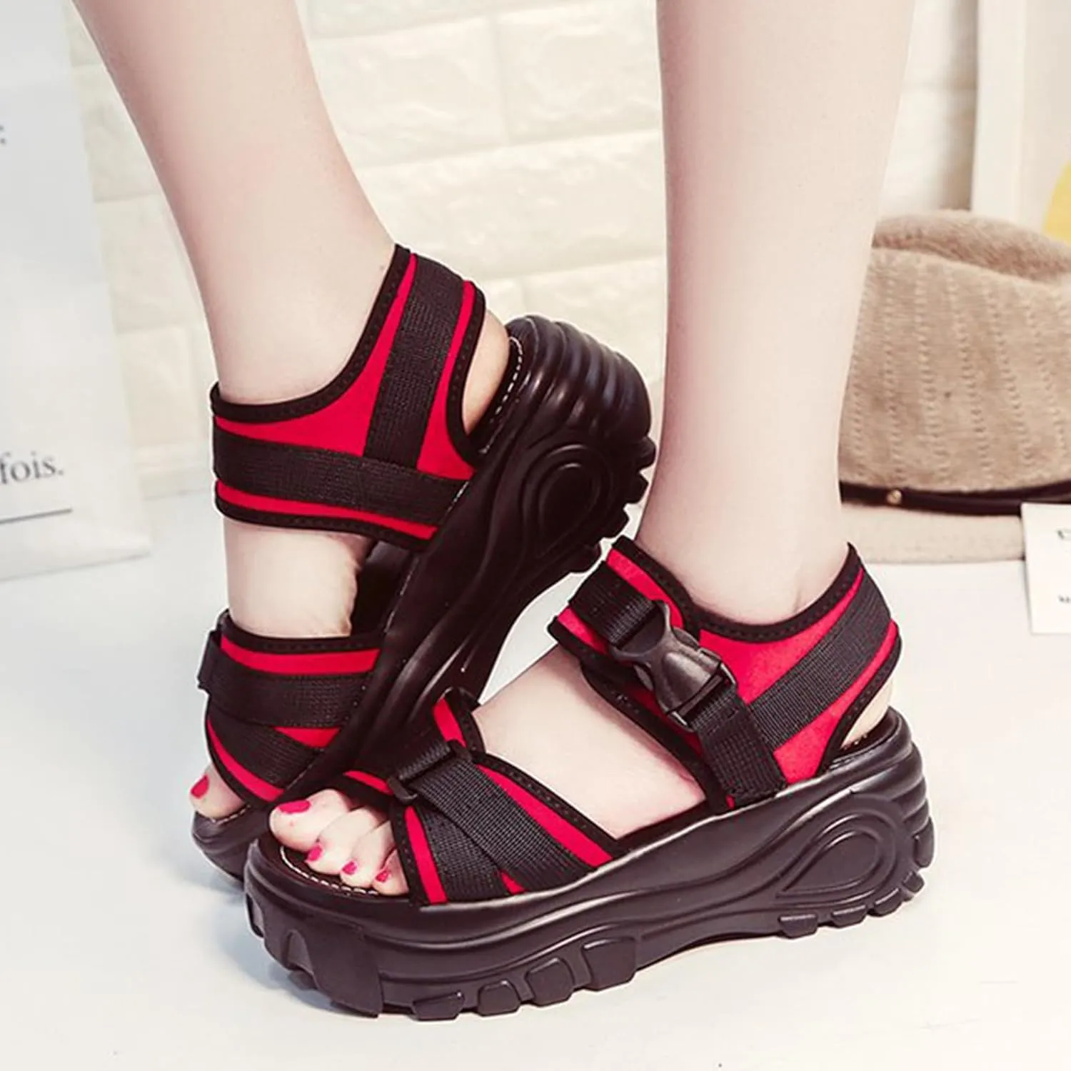 Women'S Adjustable Buckle Platform Non Slip Mom Sandals Fashion Round Open Toe Memory Foam Increase Height Chunky Sole Roman Sandals For Beach Walking Party