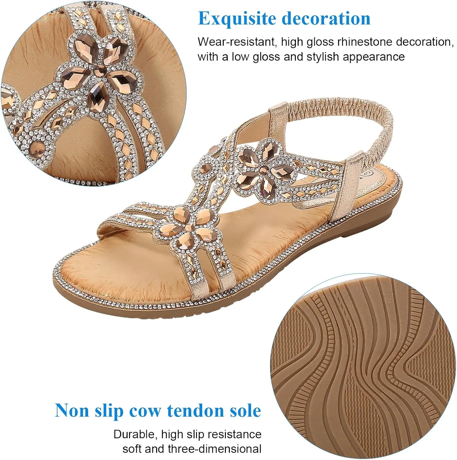 Women's Beaded Rhinestones Sandals T-Strap Bohemian Sandals Breathable Dressy Summer Shoes Outdoor