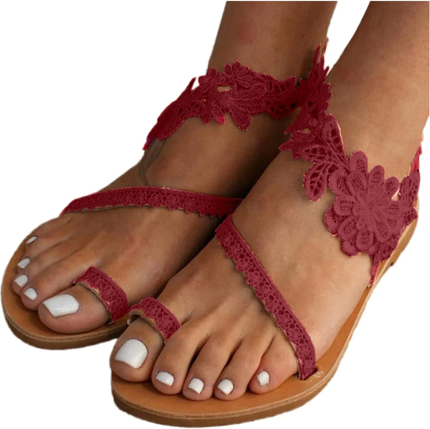 Women's Boho Lace Floral Sandals Beach Holiday Clip Toe Flats Ankle Strap Sandal Shoes for Summer Elegant Footwear