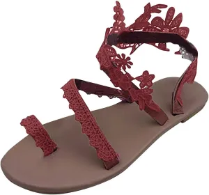 Women's Boho Lace Floral Sandals Beach Holiday Clip Toe Flats Ankle Strap Sandal Shoes for Summer Elegant Footwear