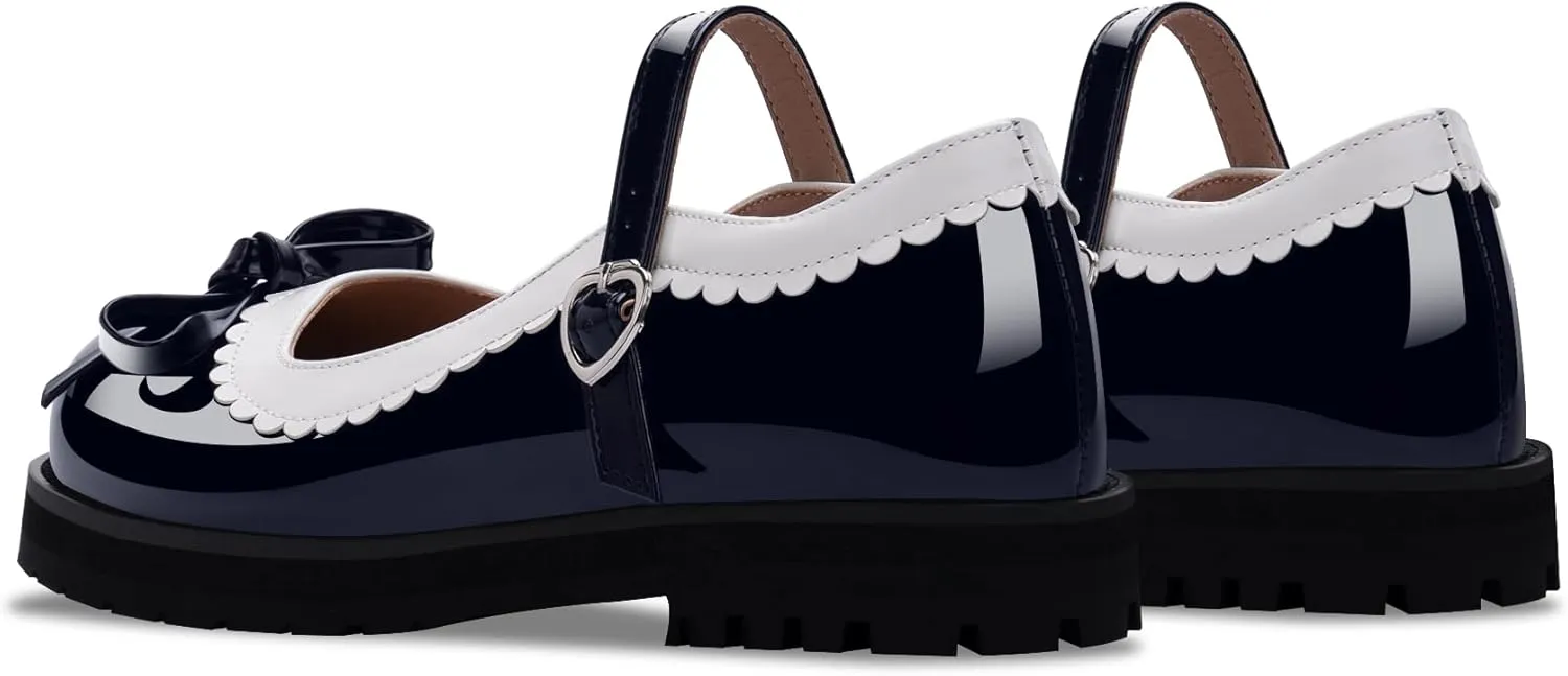 Women's Bow Patent Leather Platform Mary Janes Ankle Strap Closed Toe Kawaii Goth Uniform Flats