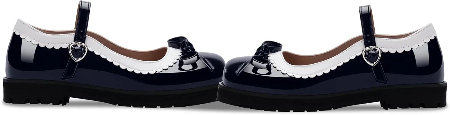 Women's Bow Patent Leather Platform Mary Janes Ankle Strap Closed Toe Kawaii Goth Uniform Flats