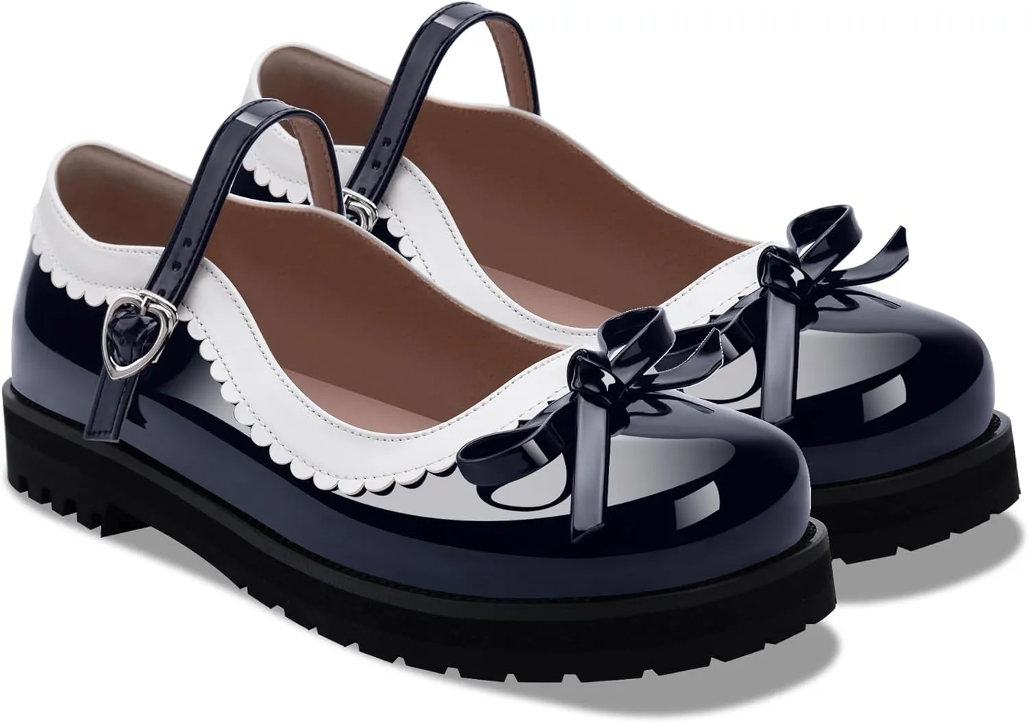 Women's Bow Patent Leather Platform Mary Janes Ankle Strap Closed Toe Kawaii Goth Uniform Flats