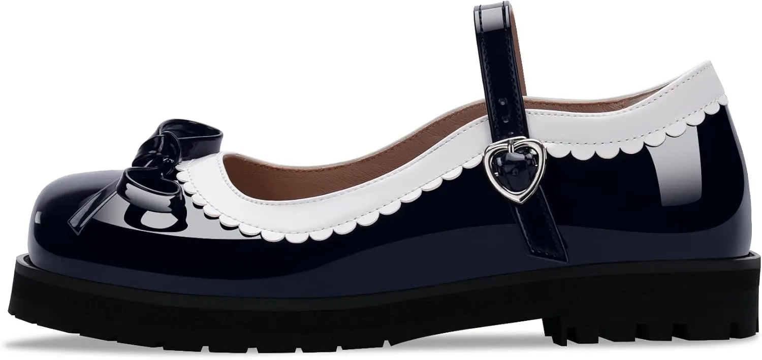 Women's Bow Patent Leather Platform Mary Janes Ankle Strap Closed Toe Kawaii Goth Uniform Flats