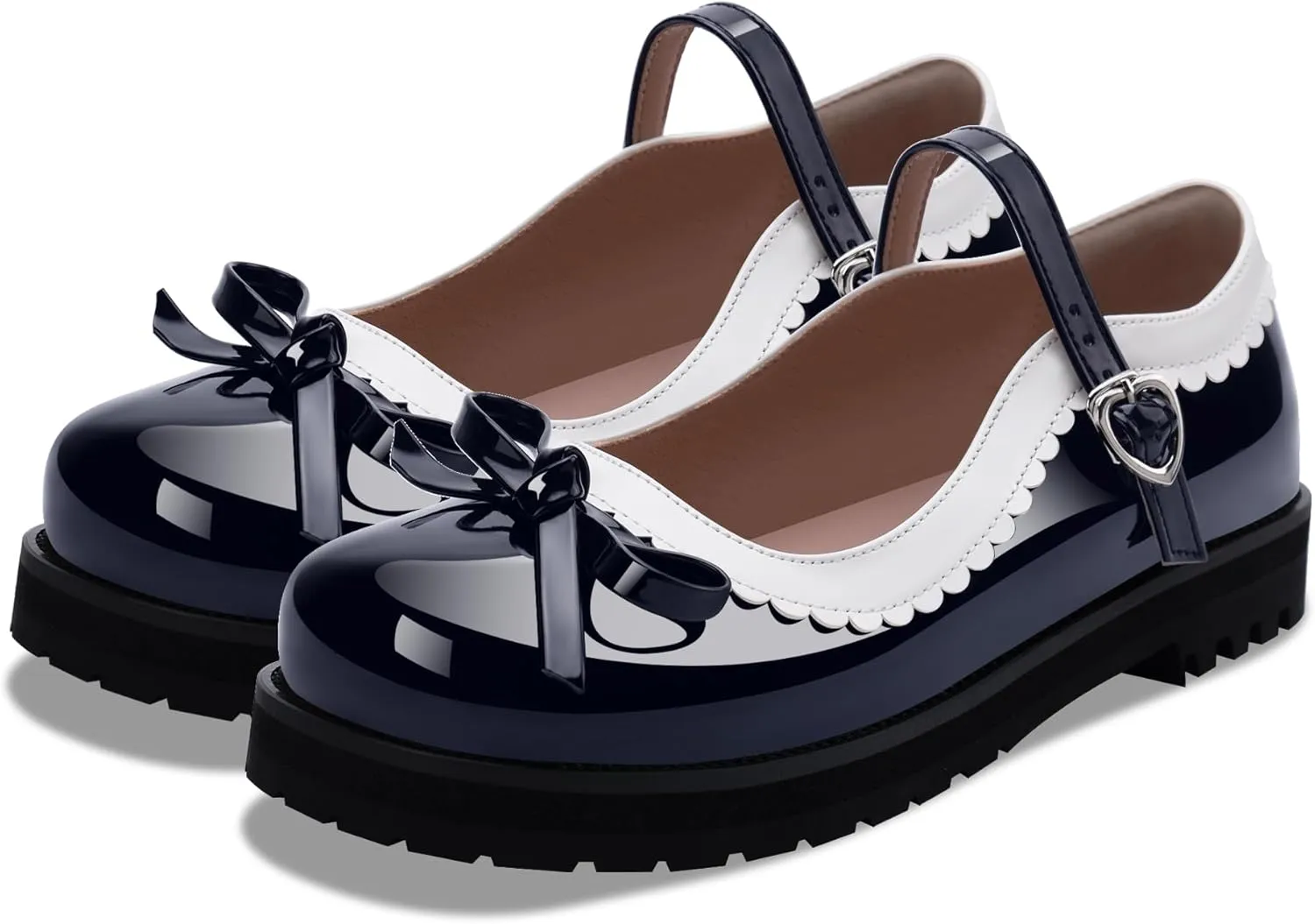 Women's Bow Patent Leather Platform Mary Janes Ankle Strap Closed Toe Kawaii Goth Uniform Flats