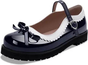Women's Bow Patent Leather Platform Mary Janes Ankle Strap Closed Toe Kawaii Goth Uniform Flats