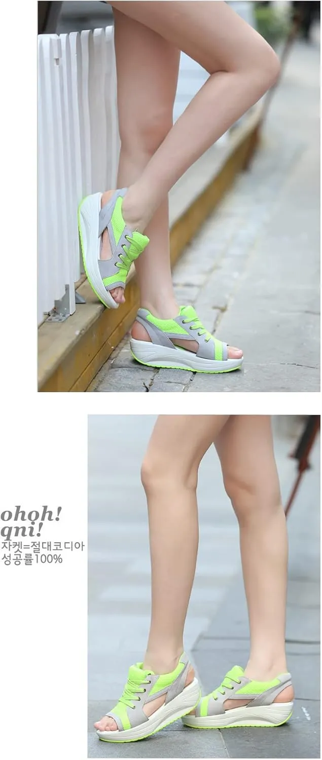 Women's Breathable Mesh Open Toe Sandals Platform Wedge Sneakers,Lace Up Non-Slip Soft Sole Increased Height Sandals