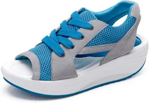 Women's Breathable Mesh Open Toe Sandals Platform Wedge Sneakers,Lace Up Non-Slip Soft Sole Increased Height Sandals