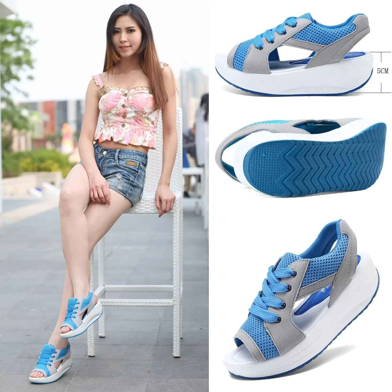 Women's Breathable Mesh Open Toe Sandals Platform Wedge Sneakers,Lace Up Non-Slip Soft Sole Increased Height Sandals