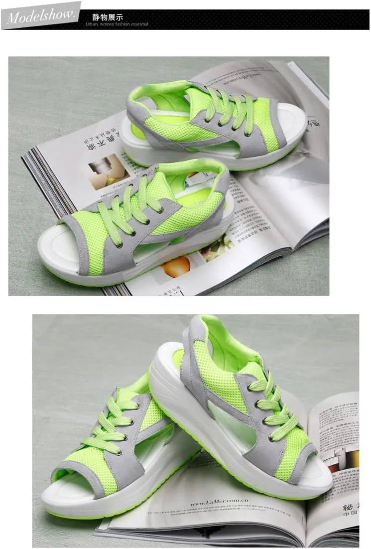 Women's Breathable Mesh Open Toe Sandals Platform Wedge Sneakers,Lace Up Non-Slip Soft Sole Increased Height Sandals