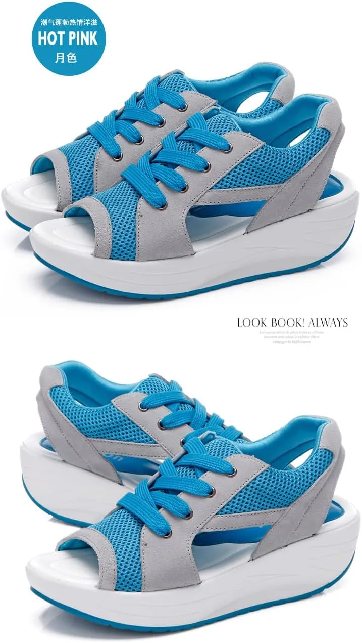 Women's Breathable Mesh Open Toe Sandals Platform Wedge Sneakers,Lace Up Non-Slip Soft Sole Increased Height Sandals