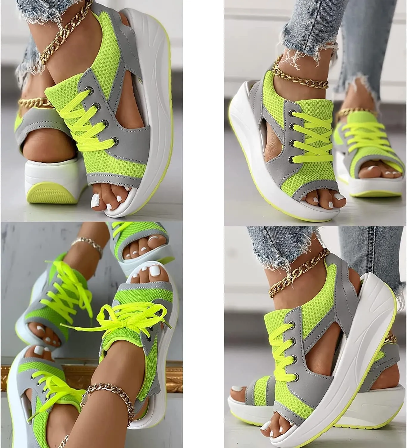 Women's Breathable Mesh Open Toe Sandals Platform Wedge Sneakers,Lace Up Non-Slip Soft Sole Increased Height Sandals