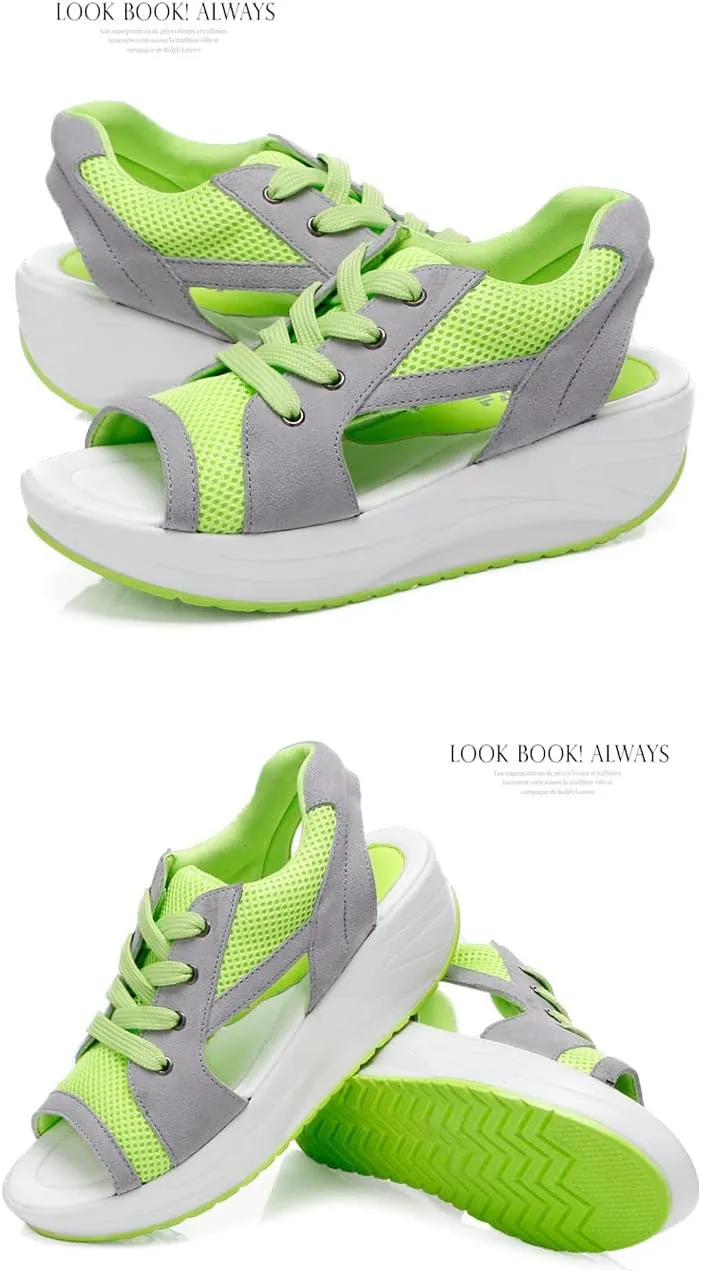 Women's Breathable Mesh Open Toe Sandals Platform Wedge Sneakers,Lace Up Non-Slip Soft Sole Increased Height Sandals