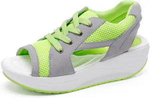Women's Breathable Mesh Open Toe Sandals Platform Wedge Sneakers,Lace Up Non-Slip Soft Sole Increased Height Sandals