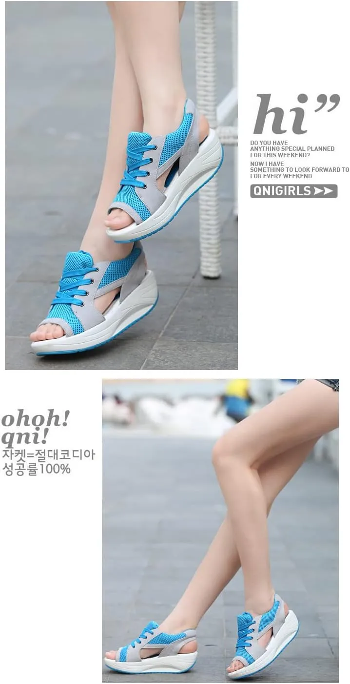 Women's Breathable Mesh Open Toe Sandals Platform Wedge Sneakers,Lace Up Non-Slip Soft Sole Increased Height Sandals