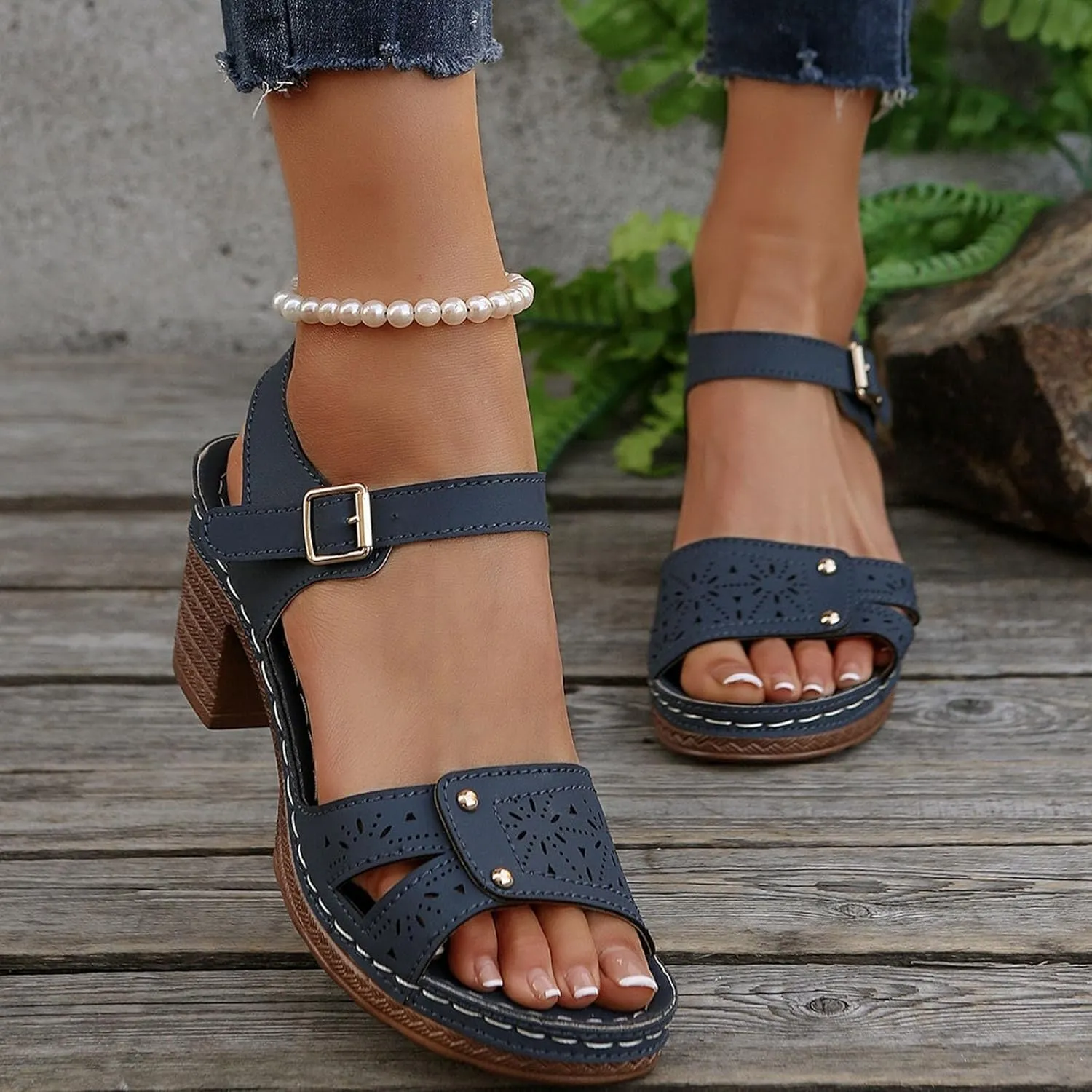 Women's Chunky Block Mid Heels Sandals Low for Women Open Toe Ankle Strap Heel Classic Platform Summer Wedding Party Dress Straps Hollow Out Comfortable Sandal Adjustable Walking Shoes Daily Wear