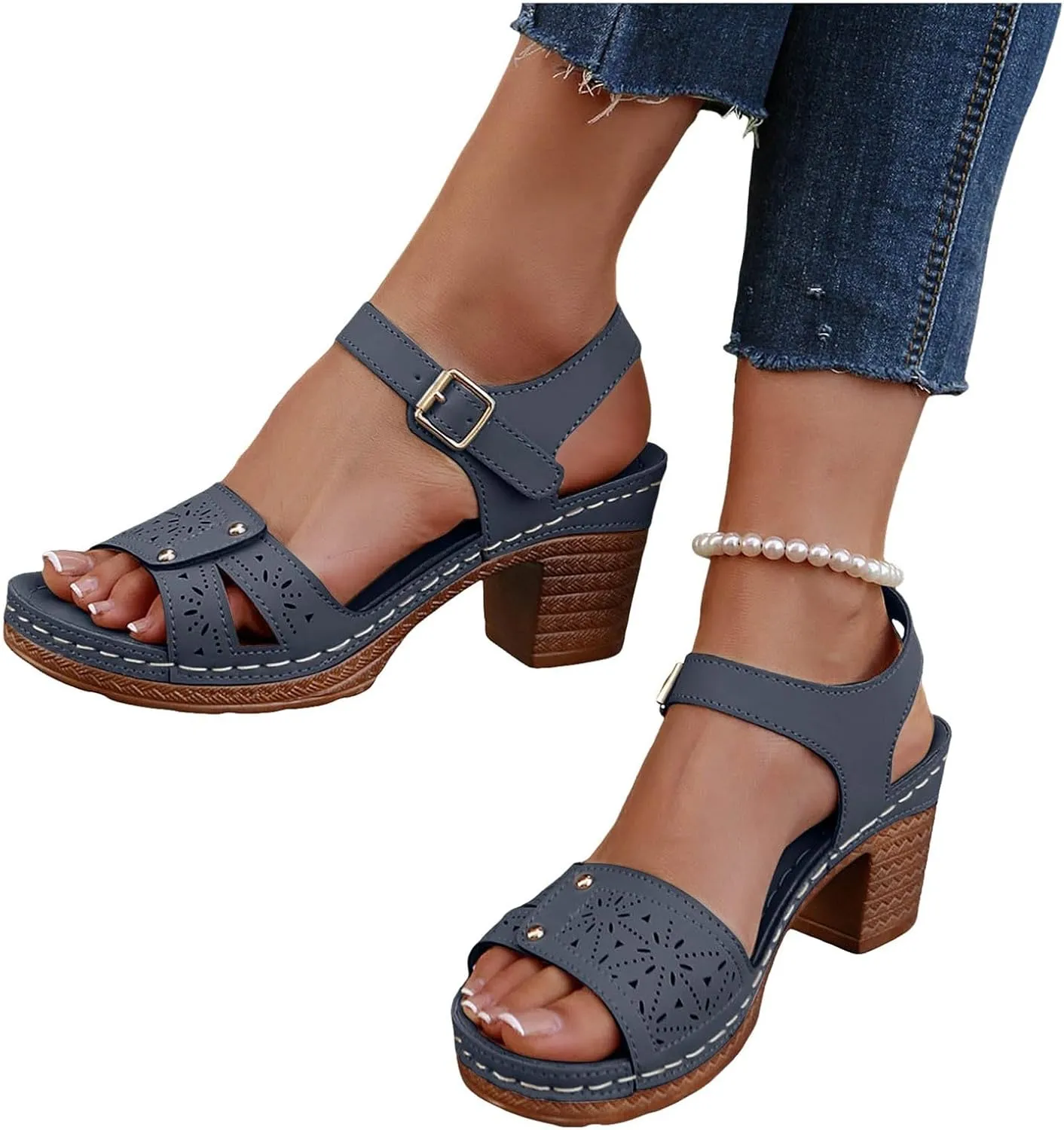 Women's Chunky Block Mid Heels Sandals Low for Women Open Toe Ankle Strap Heel Classic Platform Summer Wedding Party Dress Straps Hollow Out Comfortable Sandal Adjustable Walking Shoes Daily Wear
