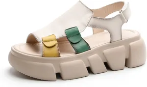 Women's Cowhide Platform Lug Sole Gladiator Sandals Fish Mouth Open Toe Ankle Strap Flatform Sandals Summer Non-Slip Breathable Beach Walking Sandals