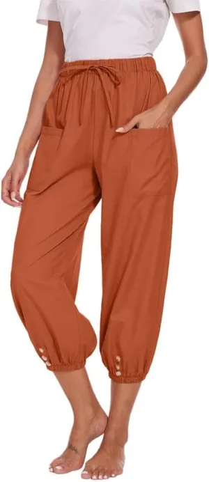 Women's Cropped Capri Pants Elastic Waist Drawstring Yoga Pant Lounge Baggy Trousers Capris Pants with Pockets